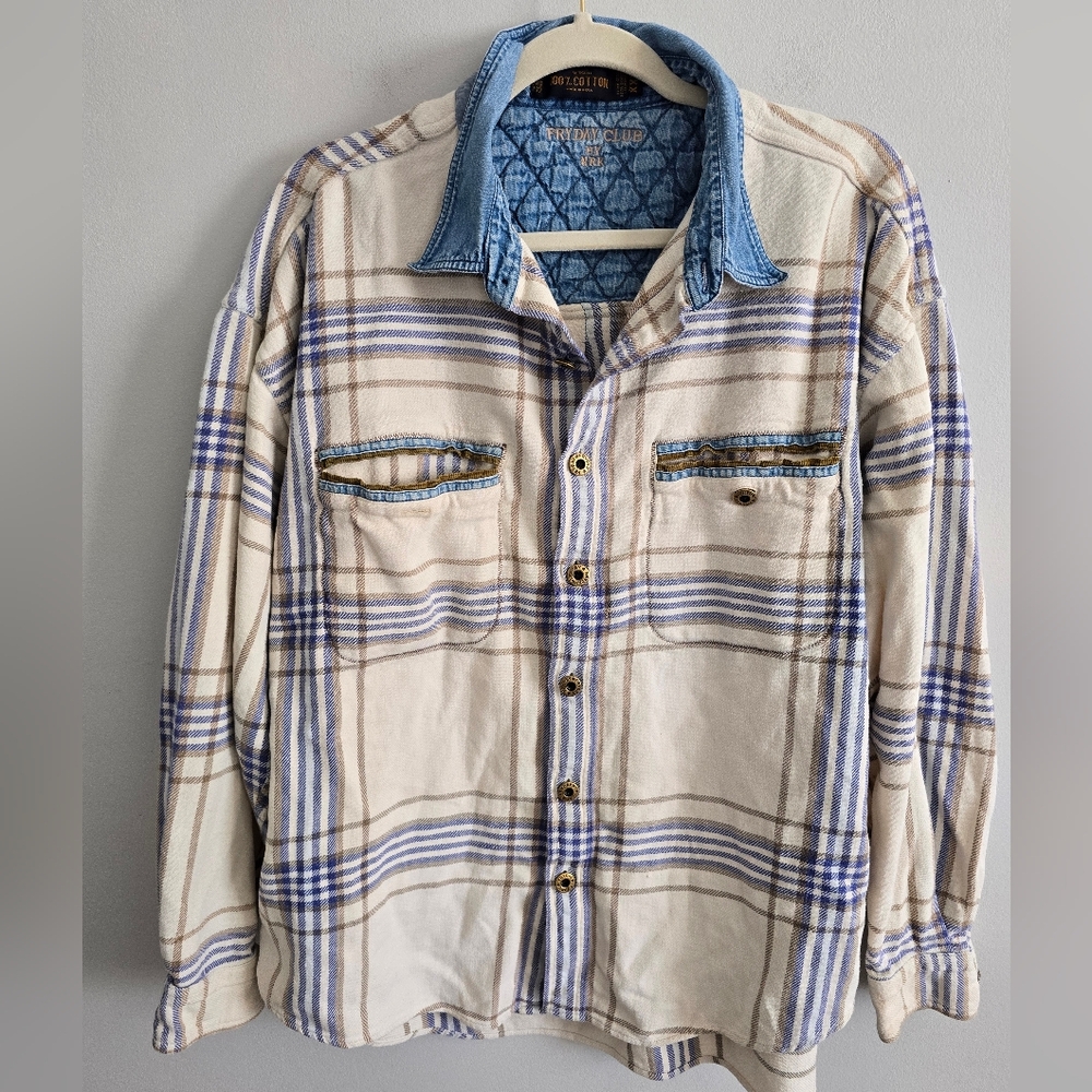 VTG 90s Fryday Club Plaid Shirt Denim Collar Long Sleeve Button Up